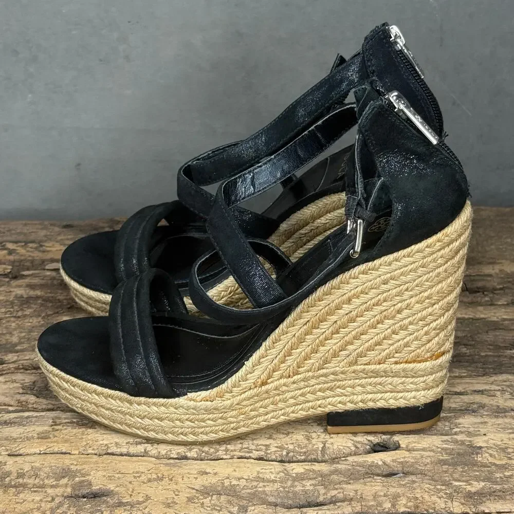 Isola Black Leather Strappy Espadrille Wedge Sandals Zipper Size 8